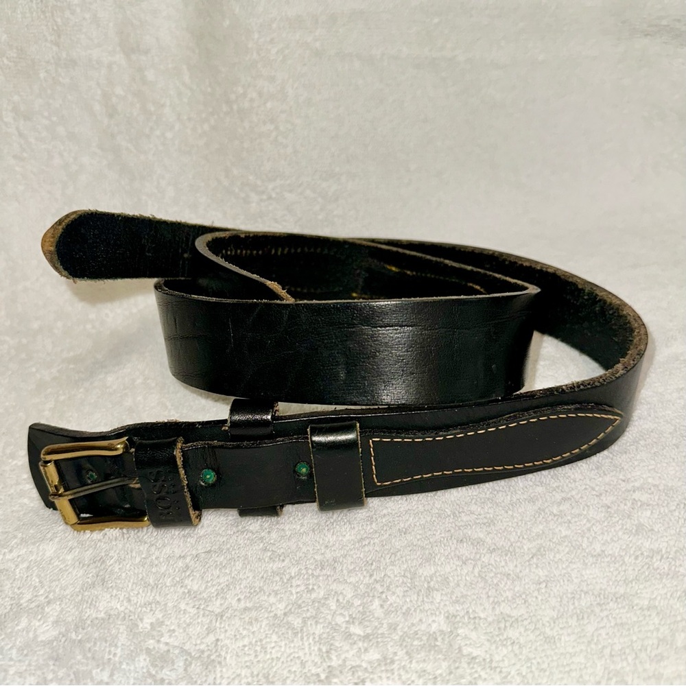 Vintage Hugo Boss Black Leather Belt 38 95 Contrast Brown Stitch Handmade Italy